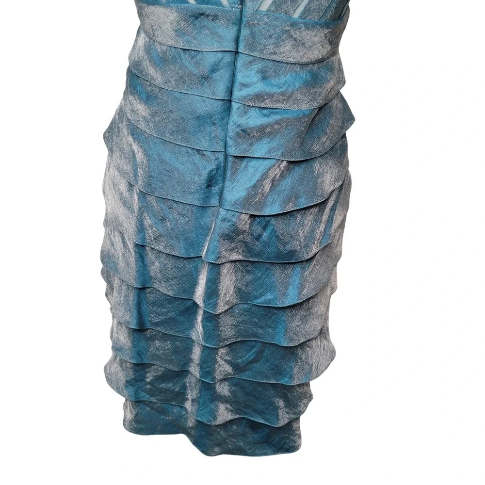 Adrianna Papell Petite Teal Blue Tiered Cocktail Party Dress 4P Shimmery Mermaid - Picture 9 of 12